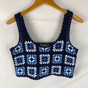 Sincerely Jules Granny Square Crochet Crop Top Blue Boho Festival XS